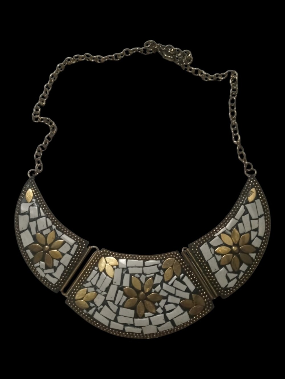 Vintage Brass & Mother Of Pearl Mosaic Bib Necklace 20 Inch Plus Extender India